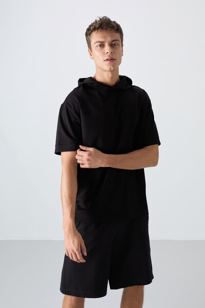 Tommylife Wholesale Hooded Oversize Basic Men's T-Shirt 88352 Black - Thumbnail