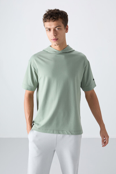 Tommylife Wholesale Hooded Oversize Basic Men's T-Shirt 88352 Light Green - Thumbnail