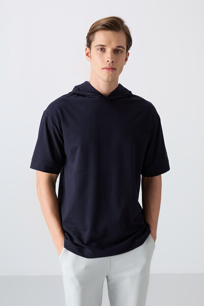 Tommylife Wholesale Hooded Oversize Basic Men's T-Shirt 88352 Navy Blue - Thumbnail