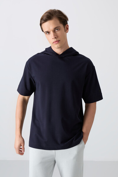 Tommylife Wholesale Hooded Oversize Basic Men's T-Shirt 88352 Navy Blue - Thumbnail