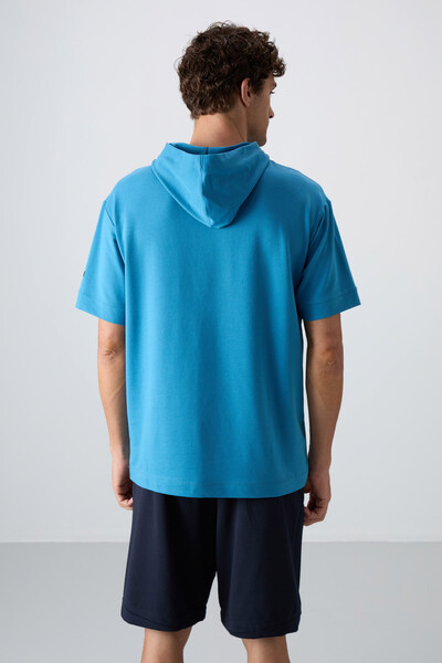 Tommylife Wholesale Hooded Oversize Basic Men's T-Shirt 88352 Petrol Blue - Thumbnail