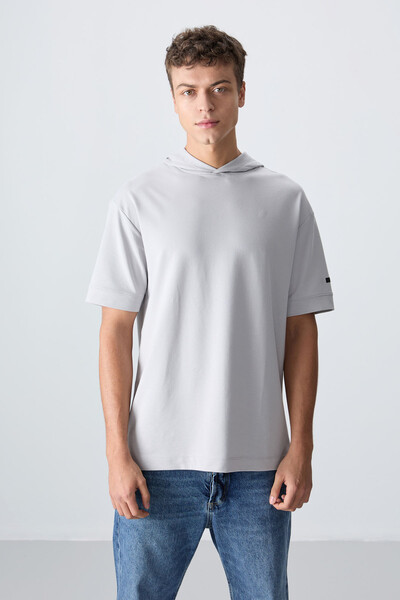 Tommylife Wholesale Hooded Oversize Basic Men's T-Shirt 88352 Stone - Thumbnail