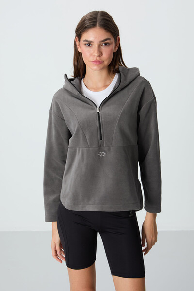 Tommylife Wholesale Hooded Oversize Women's Fleece Sweatshirt 97286 Dark Gray - Thumbnail