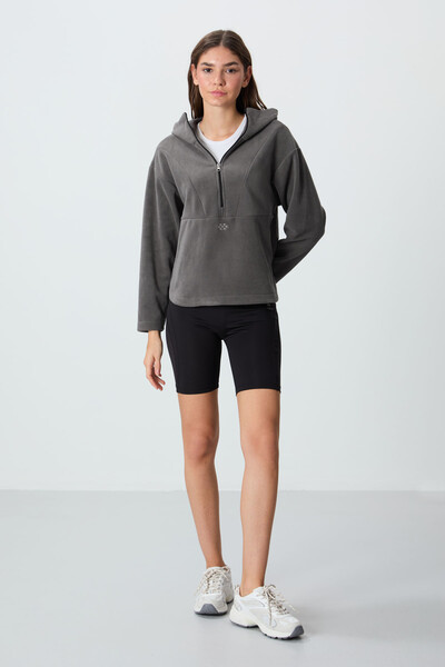 Tommylife Wholesale Hooded Oversize Women's Fleece Sweatshirt 97286 Dark Gray - Thumbnail