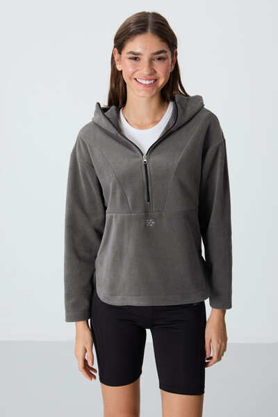 Tommylife Wholesale Hooded Oversize Women's Fleece Sweatshirt 97286 Dark Gray - Thumbnail