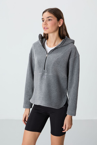 Tommylife Wholesale Hooded Oversize Women's Fleece Sweatshirt 97286 Gray Melange - Thumbnail