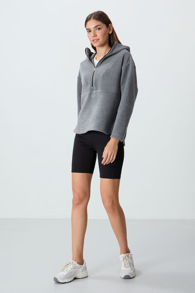 Tommylife Wholesale Hooded Oversize Women's Fleece Sweatshirt 97286 Gray Melange - Thumbnail