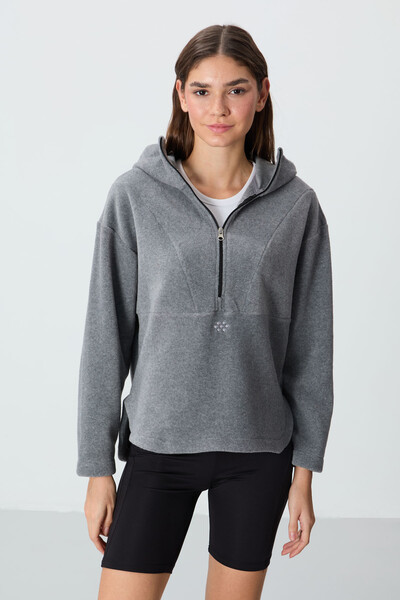 Tommylife Wholesale Hooded Oversize Women's Fleece Sweatshirt 97286 Gray Melange - Thumbnail