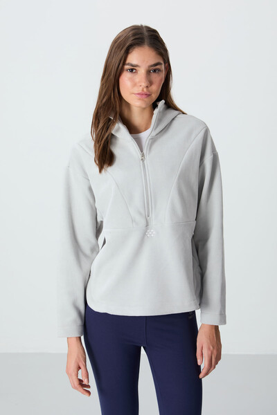 Tommylife Wholesale Hooded Oversize Women's Fleece Sweatshirt 97286 Stone - Thumbnail