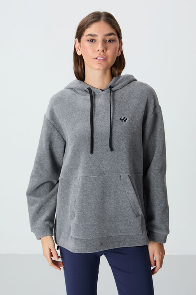 Tommylife Wholesale Hooded Oversize Women's Fleece Sweatshirt 97292 Gray Melange - Thumbnail