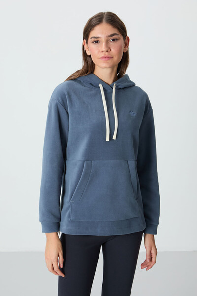 Tommylife Wholesale Hooded Oversize Women's Fleece Sweatshirt 97292 Petrol Blue - Thumbnail