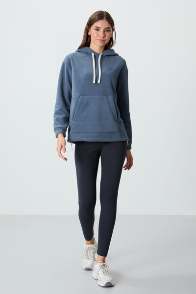 Tommylife Wholesale Hooded Oversize Women's Fleece Sweatshirt 97292 Petrol Blue - Thumbnail