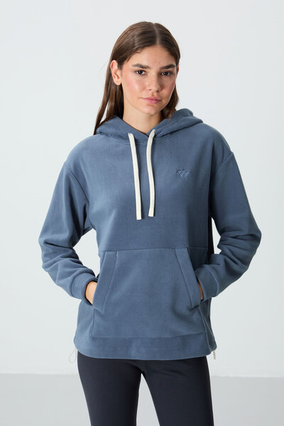 Tommylife Wholesale Hooded Oversize Women's Fleece Sweatshirt 97292 Petrol Blue - Thumbnail