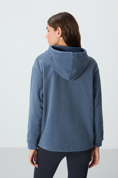 Tommylife Wholesale Hooded Oversize Women's Fleece Sweatshirt 97292 Petrol Blue - Thumbnail