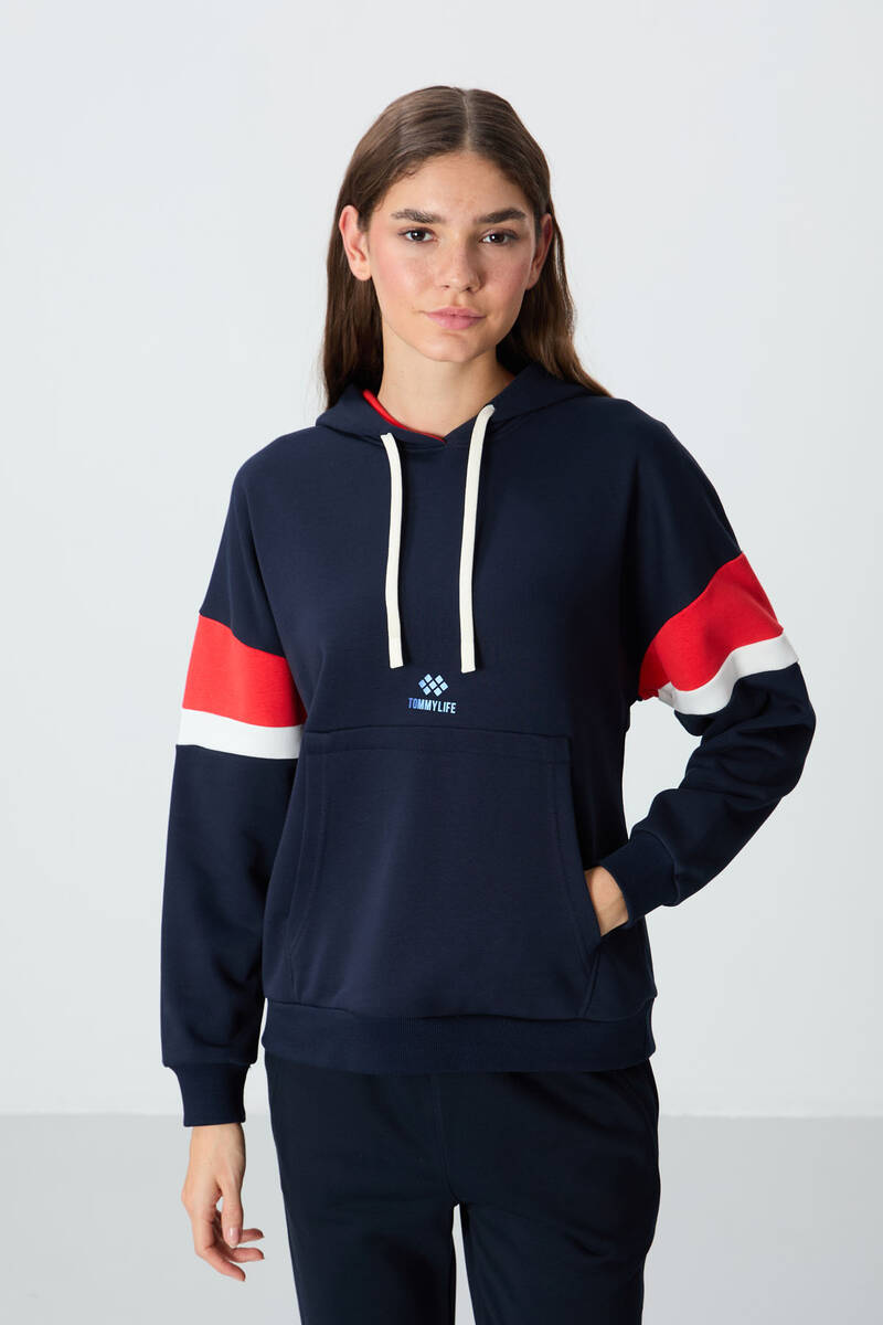 TommyLife - Tommylife Wholesale Hooded Oversize Women's Sweatshirt 97290 Indigo