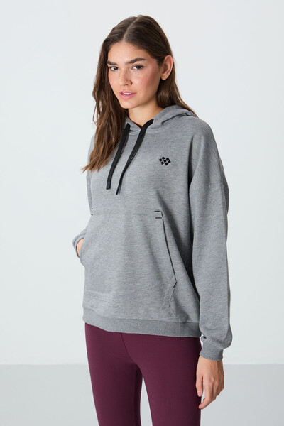 Tommylife Wholesale Hooded Oversize Women's Sweatshirt 97291 Gray Melange - Thumbnail