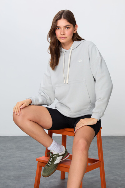 Tommylife Wholesale Hooded Oversize Women's Sweatshirt 97291 Stone - Thumbnail