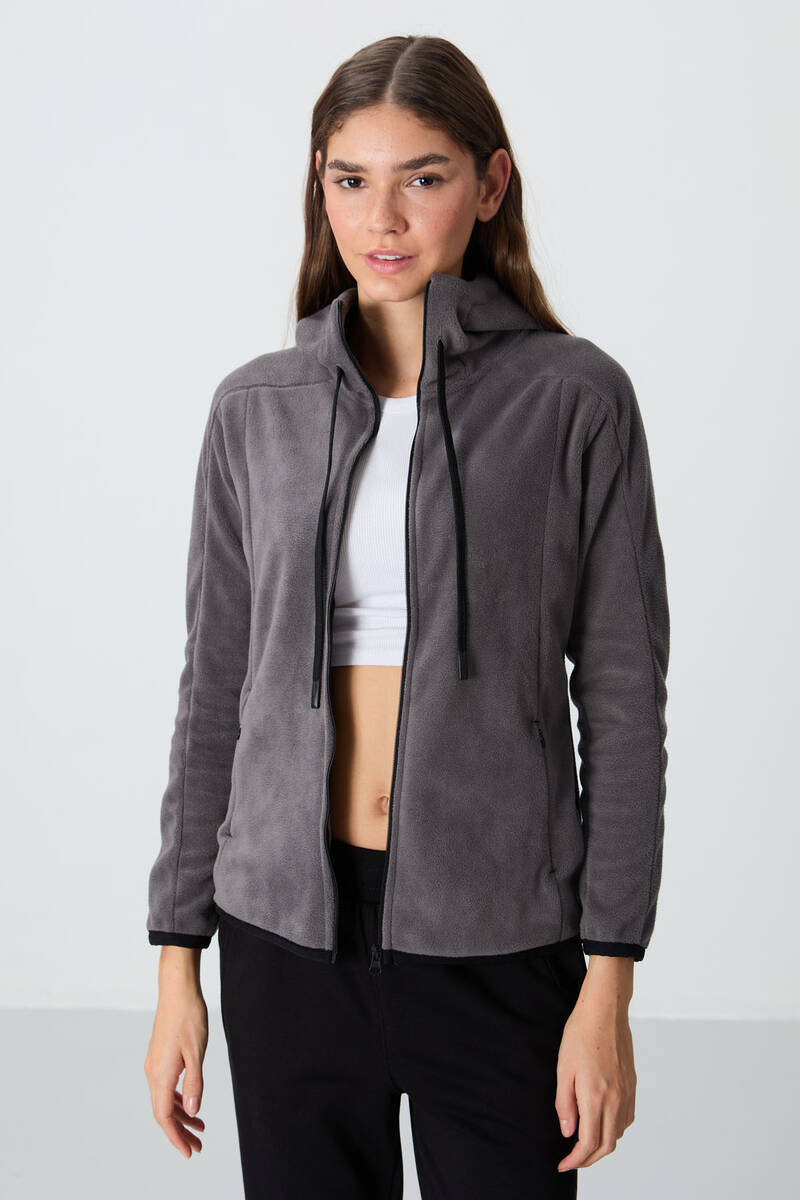 TommyLife - Tommylife Wholesale Hooded Standard Fit Zippered Women's Fleece Sweatshirt 97287 Dark Gray
