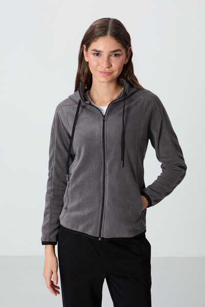 Tommylife Wholesale Hooded Standard Fit Zippered Women's Fleece Sweatshirt 97287 Dark Gray - Thumbnail