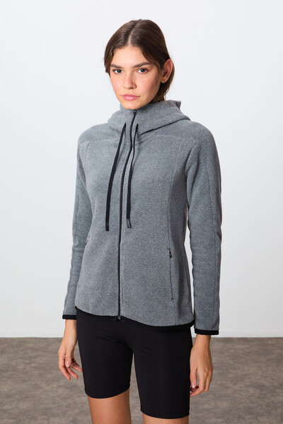 Tommylife Wholesale Hooded Standard Fit Zippered Women's Fleece Sweatshirt 97287 Gray Melange - Thumbnail