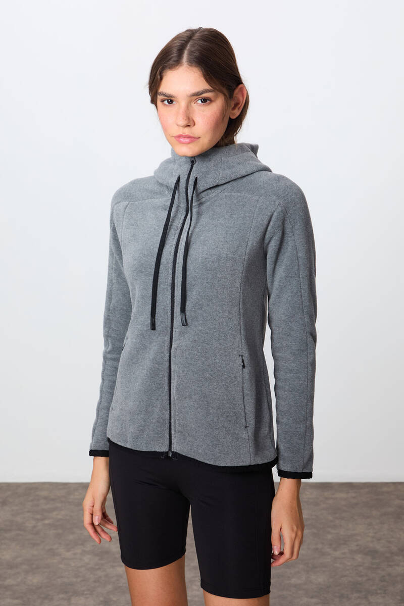 TommyLife - Tommylife Wholesale Hooded Standard Fit Zippered Women's Fleece Sweatshirt 97287 Gray Melange