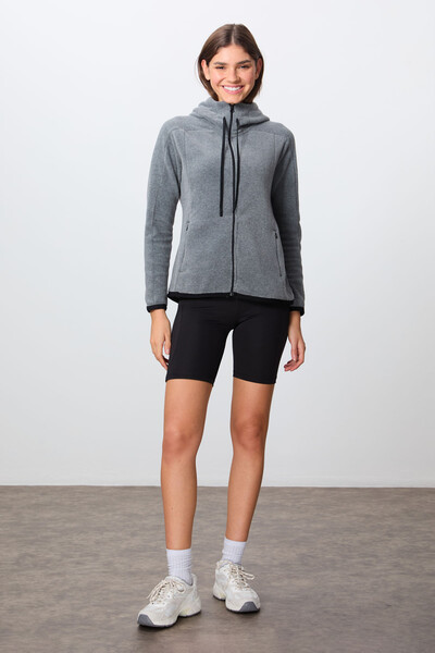 Tommylife Wholesale Hooded Standard Fit Zippered Women's Fleece Sweatshirt 97287 Gray Melange - Thumbnail