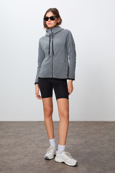 Tommylife Wholesale Hooded Standard Fit Zippered Women's Fleece Sweatshirt 97287 Gray Melange - Thumbnail