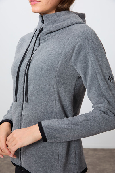 Tommylife Wholesale Hooded Standard Fit Zippered Women's Fleece Sweatshirt 97287 Gray Melange - Thumbnail