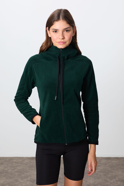 Tommylife Wholesale Hooded Standard Fit Zippered Women's Fleece Sweatshirt 97287 Pine Green - Thumbnail