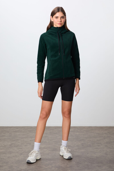 Tommylife Wholesale Hooded Standard Fit Zippered Women's Fleece Sweatshirt 97287 Pine Green - Thumbnail