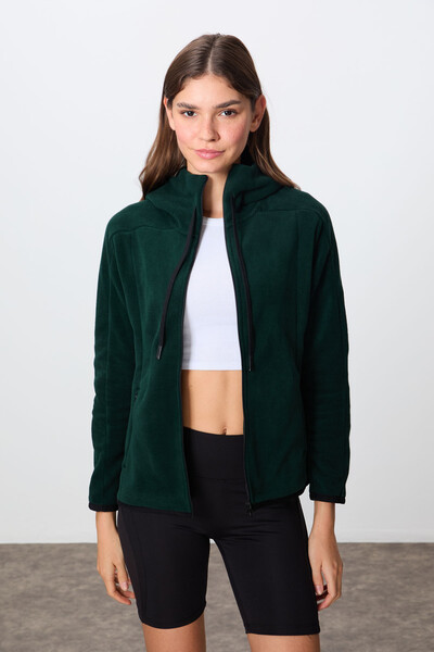 Tommylife Wholesale Hooded Standard Fit Zippered Women's Fleece Sweatshirt 97287 Pine Green - Thumbnail