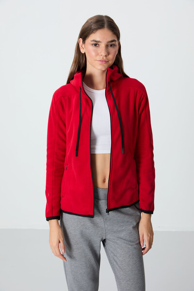 Tommylife Wholesale Hooded Standard Fit Zippered Women's Fleece Sweatshirt 97287 Red - Thumbnail