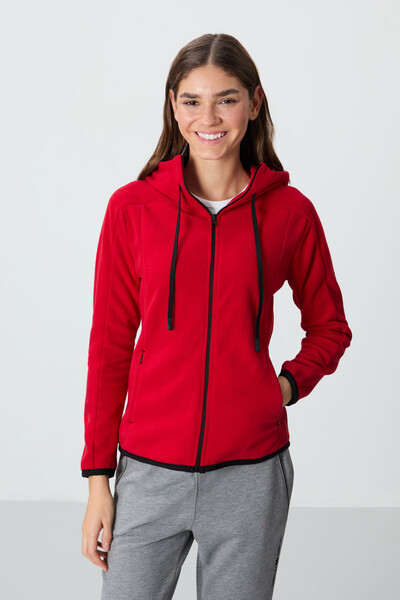 Tommylife Wholesale Hooded Standard Fit Zippered Women's Fleece Sweatshirt 97287 Red - Thumbnail