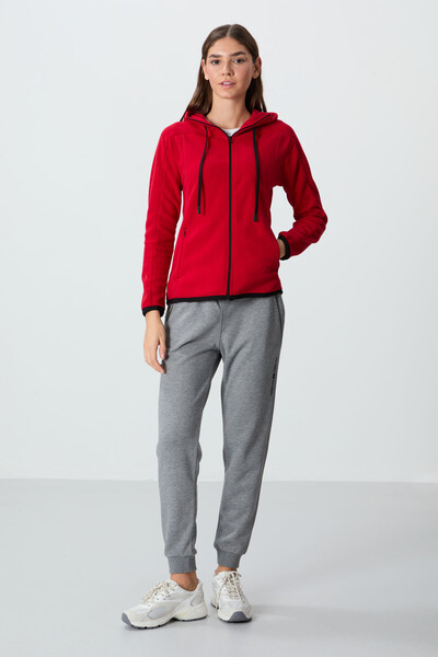 Tommylife Wholesale Hooded Standard Fit Zippered Women's Fleece Sweatshirt 97287 Red - Thumbnail