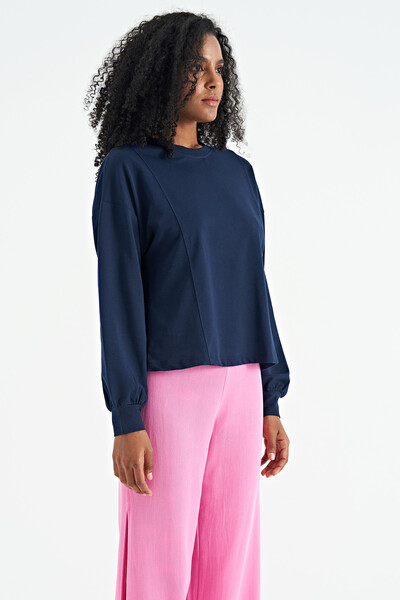 Tommylife Wholesale Indigo Balloon Sleeve Crop Basic Women's Sweatshirt - 02118 - Thumbnail