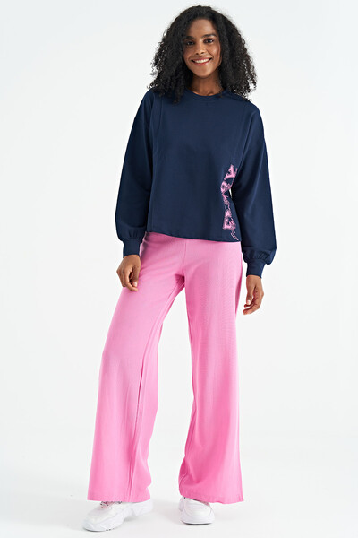 Tommylife Wholesale Indigo Balloon Sleeve Crop Basic Women's Sweatshirt - 02118 - Thumbnail