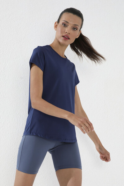 Tommylife Wholesale Indigo Basic Short Sleeve Bike Collar Women's T-shirt - 97144 - Thumbnail