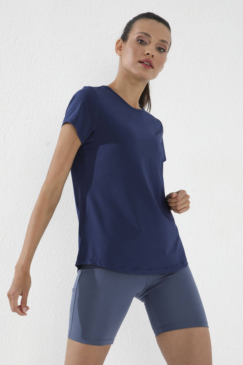 TOMMYLIFE - Tommylife Wholesale Indigo Basic Short Sleeve Bike Collar Women's T-shirt - 97144