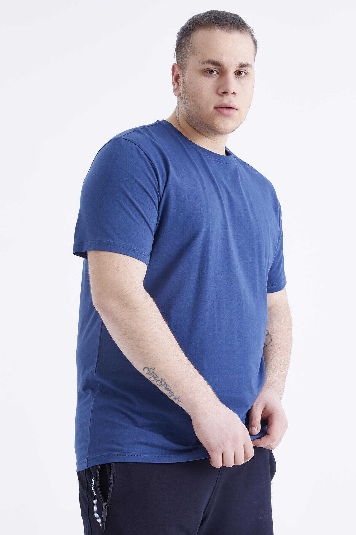Tommylife Wholesale Indigo Crew Neck Large Size Men's T-Shirt - 88072 - 3