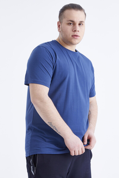 Tommylife Wholesale Indigo Crew Neck Large Size Men's T-Shirt - 88072 - 3