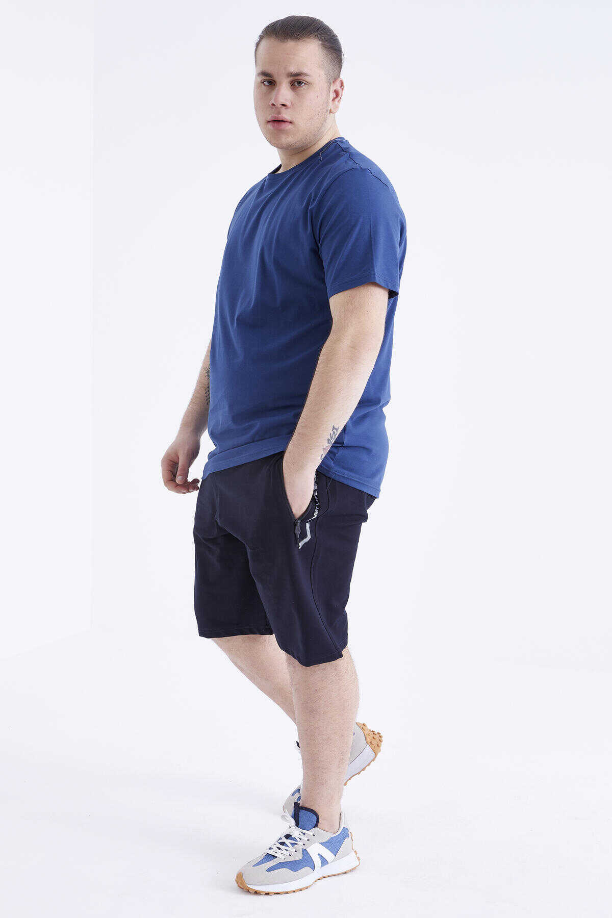 Tommylife Wholesale Indigo Crew Neck Large Size Men's T-Shirt - 88072 - 4