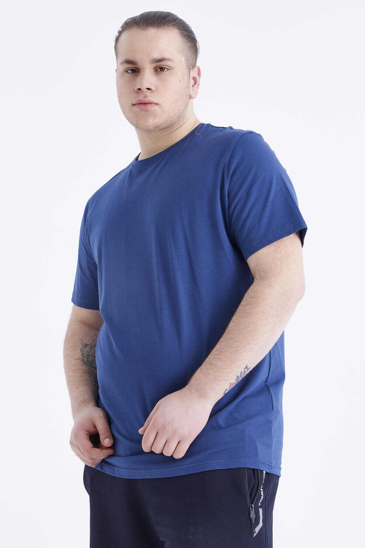 Tommylife Wholesale Indigo Crew Neck Large Size Men's T-Shirt - 88072 - 5