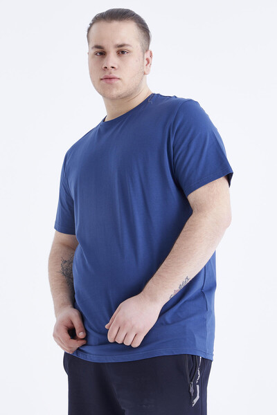 Tommylife Wholesale Indigo Crew Neck Large Size Men's T-Shirt - 88072 - 5