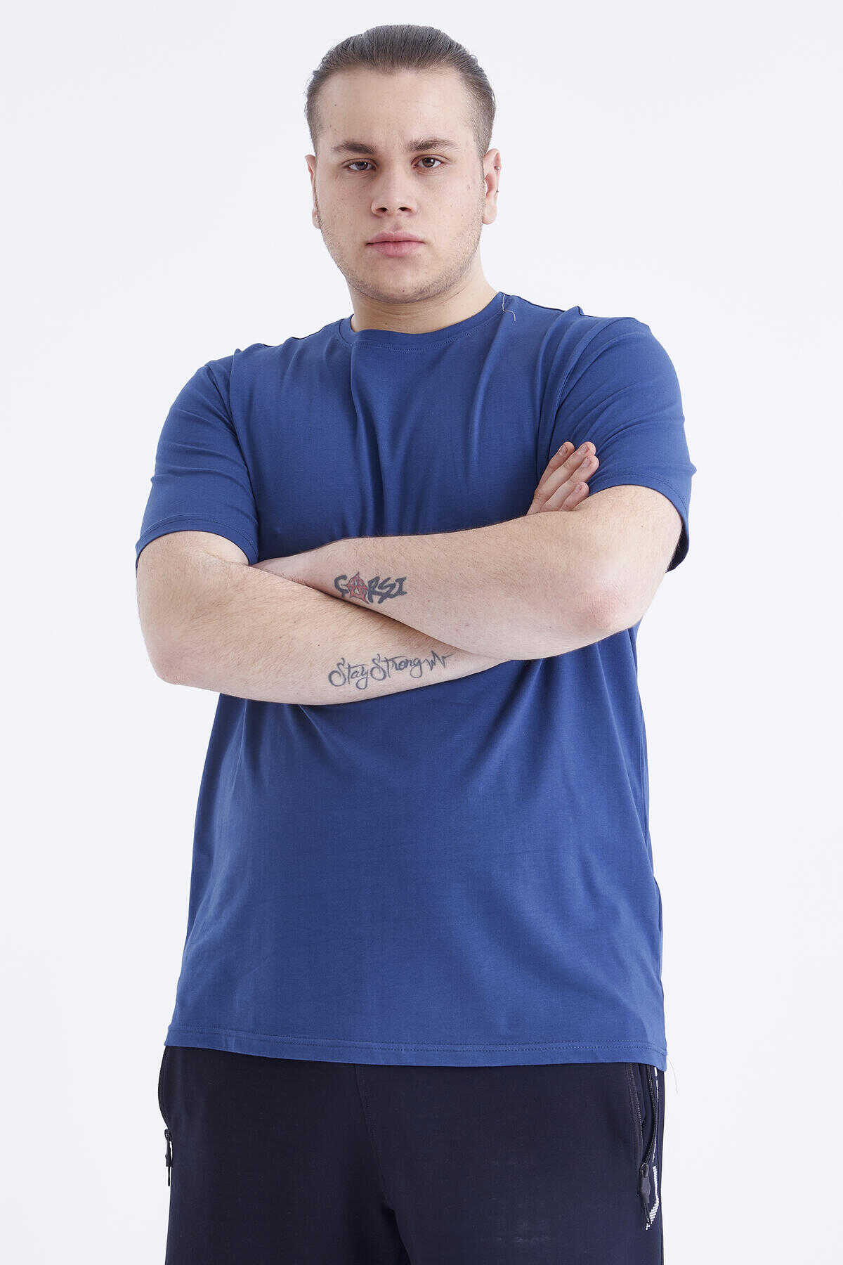 Tommylife Wholesale Indigo Crew Neck Large Size Men's T-Shirt - 88072 - 7