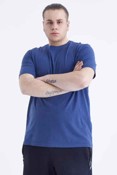 Tommylife Wholesale Indigo Crew Neck Large Size Men's T-Shirt - 88072 - 7