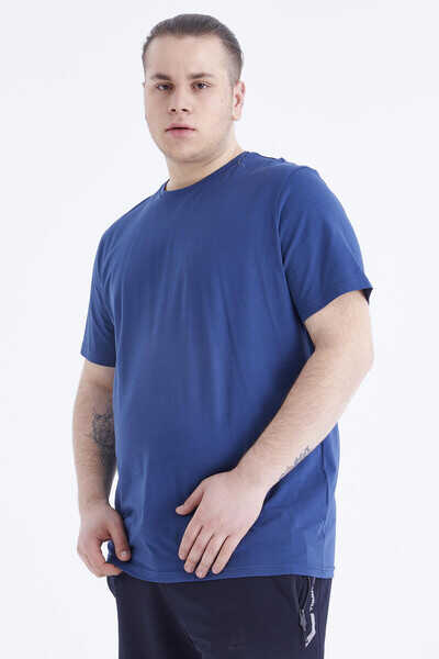 Tommylife Wholesale Indigo Crew Neck Large Size Men's T-Shirt - 88072 - 9