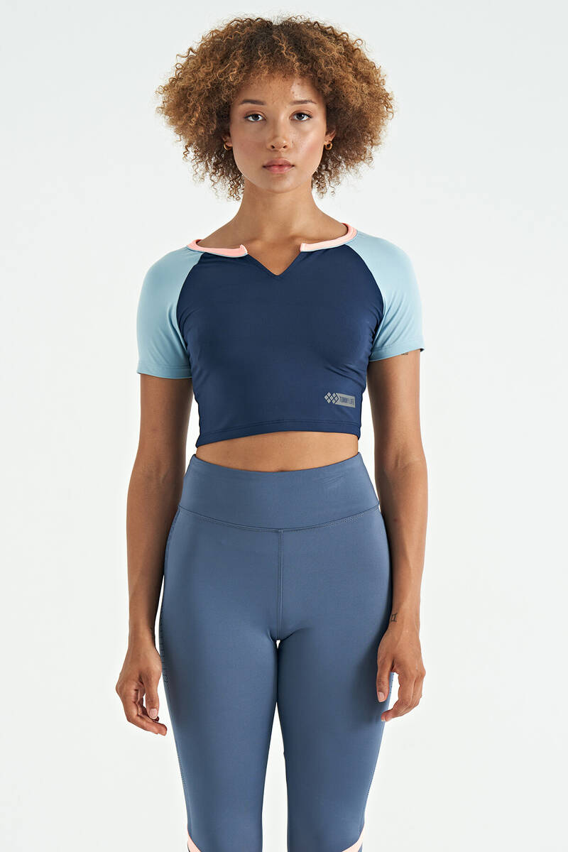 TOMMYLIFE - Tommylife Wholesale Indigo Crew Neck Slim Fit Women's Crop T-Shirt - 97270