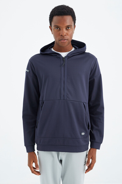 Tommylife Wholesale Indigo Hooded Half Zip Relaxed Fit Men's Sweatshirt - 88274 - Thumbnail