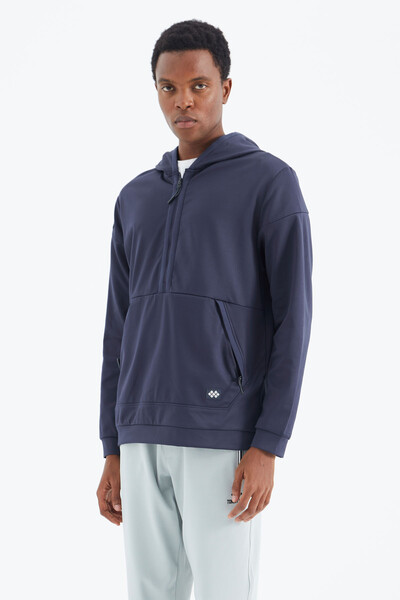 Tommylife Wholesale Indigo Hooded Half Zip Relaxed Fit Men's Sweatshirt - 88274 - Thumbnail