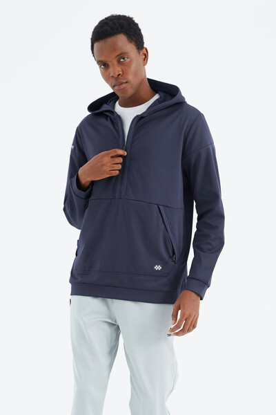 Tommylife Wholesale Indigo Hooded Half Zip Relaxed Fit Men's Sweatshirt - 88274 - Thumbnail